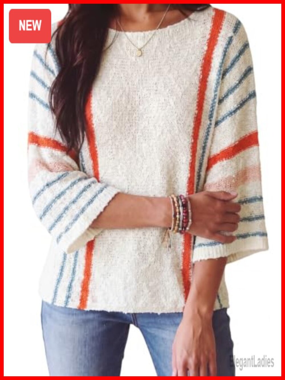 Womens 3/4 Sleeve Knit Pullover Sweater Crewneck Loose Fit Top